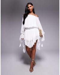 Aria Cove - Chiffon Off The Shoulder Drape Detail Tiered Hem Mini Dress - Lyst