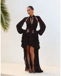 Wanderdoll - X Emma Milton Fleur Chiffon Tie Neck Ruffle High Low Maxi Dress - Lyst