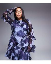 ASOS - Vestido Corto Azul Estampado De Manga Larga Con Volantes Y Bordes Sin Rematar De Asos Design Curve - Lyst