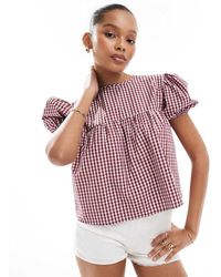 ASOS - Top A Cuadros Vichy Rojos Estilo Babydoll Con Mangas Abullonadas Y Lazada En La Espalda De - Lyst