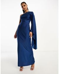 ASOS - Satin One Shoulder Flare Sleeve Maxi Dress With Back Detail - Lyst