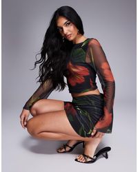 ASOS - Top d'ensemble en tulle à manches ange avec dos ouvert et liens à nouer - noir fleuri - Lyst