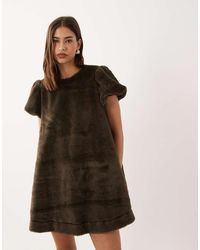 ASOS - Crew Neck Faux Fur Mini Dress With Puff Sleeves - Lyst