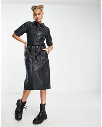 Urbancode - Robe chemise mi-longue en cuir véritable - noir - Lyst