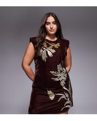 ASOS - Asos Design Curve Velvet Shoulder Pad Mini Dress With Floral Embellishment - Lyst