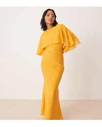 ASOS - Vestido Largo Naranja De Manga Larga Y Corte Al Bies Con Volantes Y Detalle De Capa De Asos Design Petite - Lyst