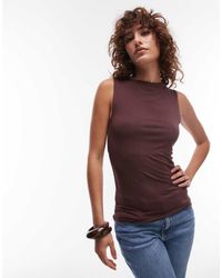 TOPSHOP - Top Senza Maniche Premium Color Cioccolato Con Scollo A Barchetta - Lyst