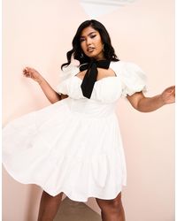 ASOS - Curve Corseted Cotton Poplin Mini Dress With Contrast Velvet Pussybow And Puff Sleeve - Lyst