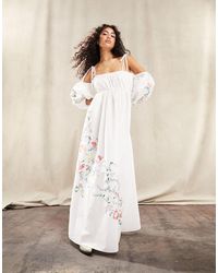 ASOS - Embroidered Off Shoulder Cotton Maxi Dress With Ruched Bust Detail - Lyst