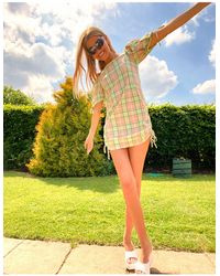 The Ragged Priest Check Cold Shoulder Mini Dress With Side Ruching - Green