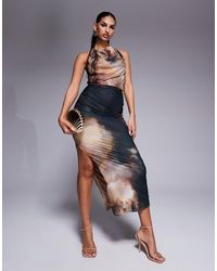 ASOS - – hochgeschlossenes midikleid aus jersey-chiffon mit gelbem abstraktem print und wasserfallausschnitt - Lyst