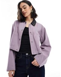 ASOS - Chaqueta Corta Lila Grisáceo Lavado Con Cuello De Tejido Efecto Cuero Barn De -Morado - Lyst