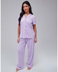 Loungeable - Super Soft Jersey Rib Traditional Short Sleeve Long Pant Set - Lyst