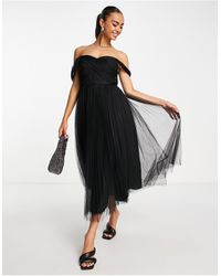 ASOS - Off Shoulder Tulle Midi Dress With Tie Back And Pleated Skirt - Lyst