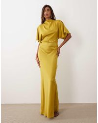 ASOS - Satin High Neck Blouson Maxi Dress With Flutter Sleeve - Lyst