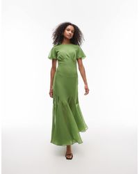 TOPSHOP - Vestito Lungo Oliva Con Volant Sulle Maniche E Fondo Voluminoso - Lyst