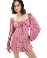 Miss Selfridge - Playsuit Met Lange Mouwen En Fijne Bloemenprint - Lyst