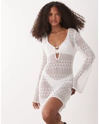 Accessorize - Robe courte en maille crochetée à manches longues - crème - Lyst