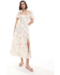 New Look - Vestido Midi Color Crema De Estilo Mesonera Con Estampado Floral Y Mangas Abullonadas De -Blanco - Lyst