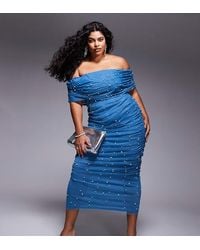 ASOS - Asos Design Curve Pearl Mesh Bardot Ruched Midi Dress - Lyst