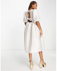 Monki - Midi Puff Sleeve Dress With Cut Out Bow Back - Lyst