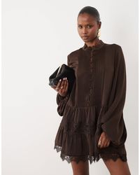 Bardot - Antonia Lace Trim Balloon Sleeve Button Down Mini Dress - Lyst