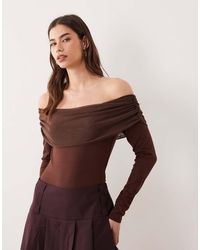 ASOS - Mesh Bardot Long Sleeve Bodysuit With Cotton Body - Lyst