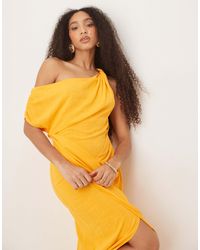 ASOS - Linen Mix Fallen Twist Shoulder Wrap Skirt Detail Midi Dress - Lyst