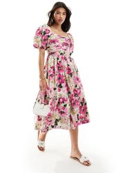 Abercrombie & Fitch - Emerson - robe mi-longue en lin mélangé à manches bouffantes - à imprimé fleurs - Lyst