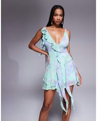 ASOS - Printed Mesh Ruffle Drape Skater Mini Dress - Lyst