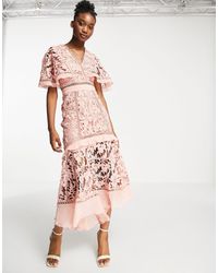 ASOS Lace Midi Dress With Cape Sleeve And Peplum Hem - Pink