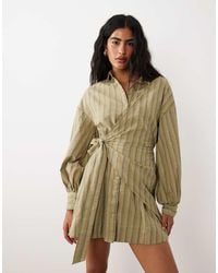 ASOS - Long Sleeve Blouson Tie Waist Mini Shirt Dress - Lyst