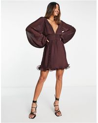 ASOS - Pleat Mini Dress With Button Detail And Frill Hem - Lyst
