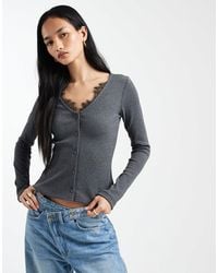 ASOS - Long Sleeve With V Neck And Lace Black Trim Top - Lyst