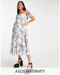 ASOS - Asos design maternity - robe mi-longue plissée à encolure bardot et imprimé fleurs - bleu - Lyst