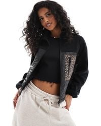 ONLY - Teddy Fleece Jacket With Leopard Print Pocket - Lyst