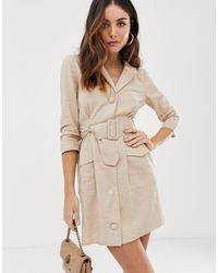 ASOS Robe courte en lin à ceinture style smoking - Taupe - Neutre