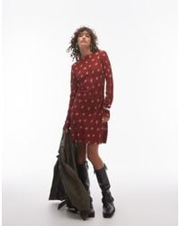 TOPSHOP - Vestido Corto Color Óxido De Manga Larga Con Cuello Barco Y Estampado Floral De -Rojo - Lyst