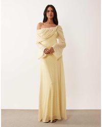 ASOS - Printed Off The Shoulder Draped Neck Long Sleeve Maxi Dress - Lyst
