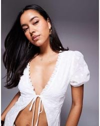 Princess Polly - Sez Embroidered Lace Trim Puff Sleeve Tie Split Front Top - Lyst