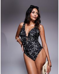 ASOS - Poitrines généreuses - maillot 1 pièce à imprimé fleuri avec découpe et décolleté plongeant - et blanc - Lyst