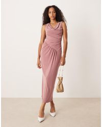 ASOS - Vestido Midi Rosa Fruncido Asimétrico Con Cuello Desbocado De - Lyst