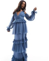 LACE & BEADS - Sheer Sleeve Tulle Tiered Maxi Dress - Lyst