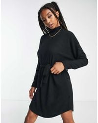 Noisy May - Hooggesloten Gebreide Mini Trui Jurk Met Gestrikte Taille - Lyst