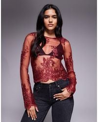 ASOS - Embroide Long Sleeve Sheer Scalloped Hem Top - Lyst
