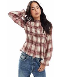 ASOS - Geruite Top Met Lange Mouwen En Asymmetrisch Rimpeleffect - Lyst