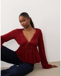 ASOS - Crinkle Lace Trim Plunge Top With Flare Sleeve - Lyst