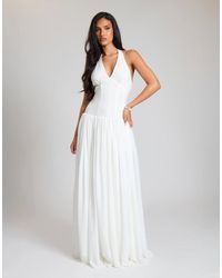 Missy Empire - Woven Plunge Boned Lace Up Halterneck Corset Maxi Dress - Lyst