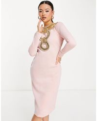 Starry Eyed Premium Heavy Embellished Long Sleeve Open Back Midi Dress - Pink