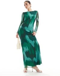 Vero Moda - Maxi-Jurk Van Mesh Met Lange Mouwen En Abstracte Print - Lyst